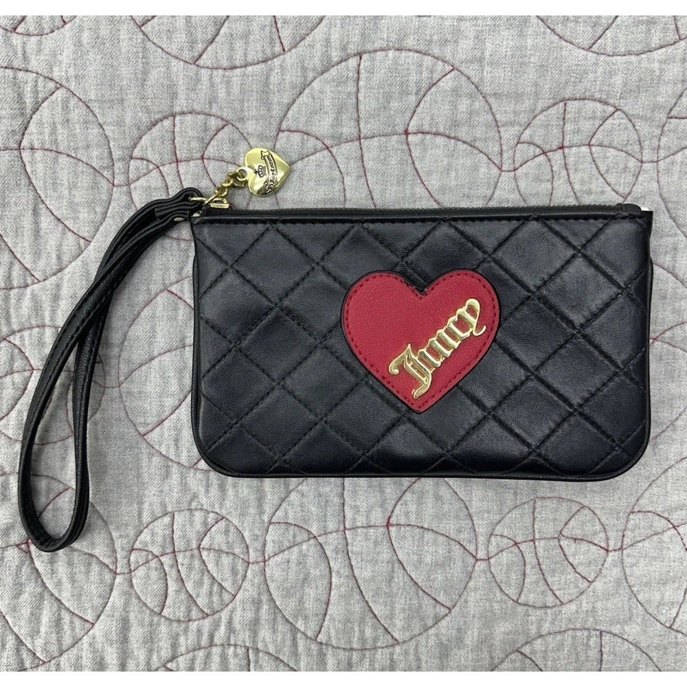 Juicy‎ Couture Cross My Heart Wallet Black Quilted Wristlet / Women's OS